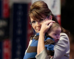 Image of Bristol Palin,pictured here holding her baby brother Trig when her mother was announced as the Vice Presidential nominee for the Republican Party, is one of Sarah and Todd Palin's beloved daughters. She is also carrying a child. She chose life. The father of her child and she have announced their plans to marry. 