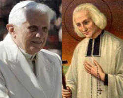 Image of (Icon of St. John Mary Vianney raising the Blessed Sacrament) Benedict XVI concluded by expressing his hope that 'the Year for Priests may lead all the clergy to identify themselves completely with Christ Who died and rose again, so that, imitating St. John the Baptist, they may be ready 'to diminish' that He may grow; and that, following the example of the 'Cure of Ars', they may be constantly and profoundly aware of their mission, which is both sign and presence of the infinite mercy of God.'