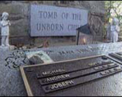 Image of Soon the Color Guard was back in line. The Order of the Mass was beginning. They marched toward the makeshift altar with their backs to the thick slab of polished black granite that stood upright, a little taller than a five year old, behind the last row of lawn chairs. 'In loving memory of God's aborted unborn children,' the inscription read.