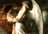 Image of Jacob wrestles with his adversary until the break of dawn. After acknowledging his name, and revealing his true identity, Jacob receives God's blessing.