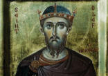 Image of St. Olaf with his battle-axe, which is revered as a relic and incorporated into Norway's royal coat of arms.