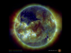 Image of This image from NASA shows the coronal hole, which is the dark portion in the upper left. 