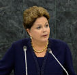 Image of Brazilian President, Dilma Rousseff, speaking before the UN to condemn US spying. 