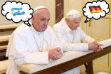Image of Pope Emeritus Benedict and Pope Francis are praying. Who are you praying for? Team Benedict or Team Francis?