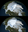 Image of Arctic sea ice in 2012 (top) and 1980 (bottom).