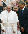 Image of Pope Francis is greeted by the Obamas and a large crowd (Reuters).