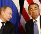 Image of Vladimir Putin and Barack Obama dueled verbally at UN headquarters in New York, debating the course of action the world should take in Syria.