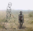 Image of A hobbit man compared to a modern human. 