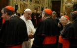 Image of Pope Francis speaks to Cardinal Burke at the Vatican. 