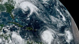 Image of Category 5 Maria strikes the Caribbean, while Jose spins off the East Coast of the USA, and a tropical storm develops off the coast of Africa. 
