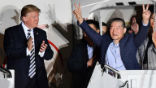 Image of President Trump welcomed home three Americans held prisoner by North Korea. 